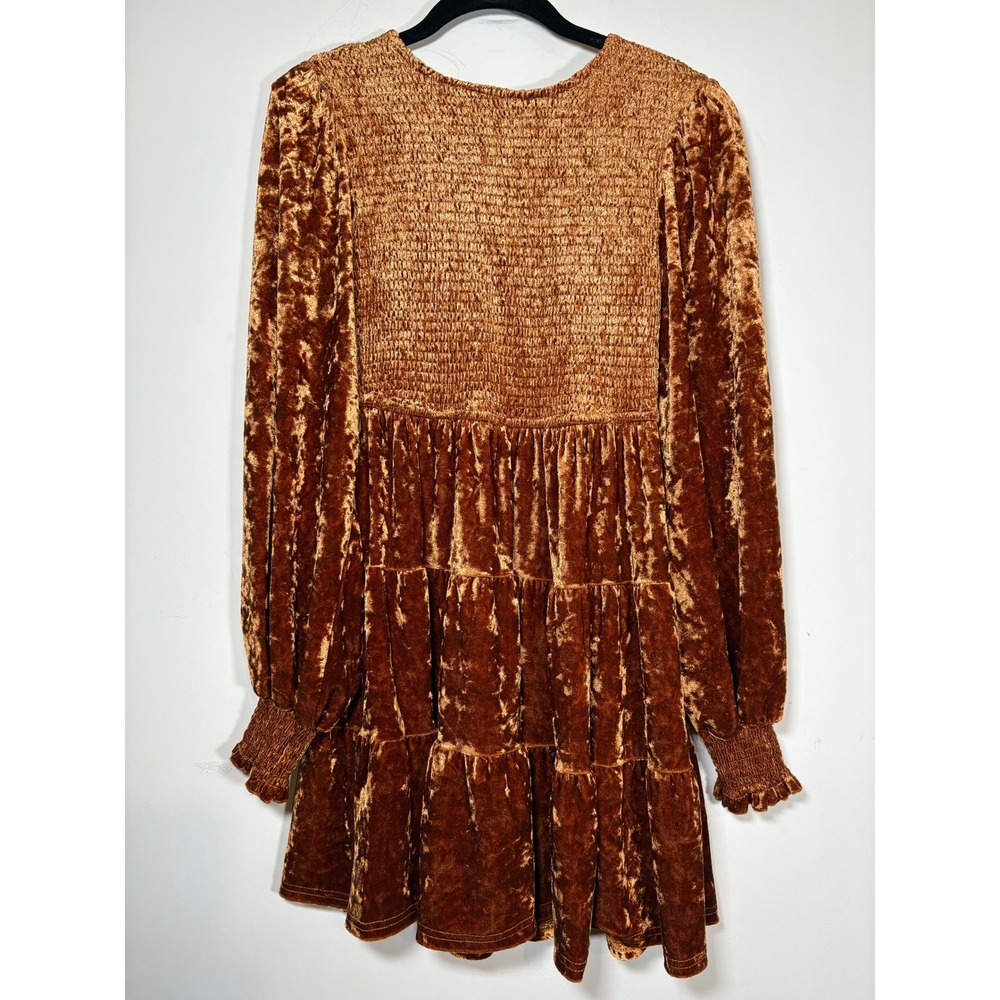 Flying Tomato Mini Dress Copper Crushed Velvet Smocked Fall Holiday Size M